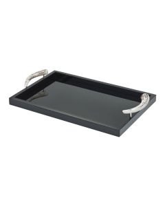 Dafne Large Rectangular Lacquer Tray with Polished Deer Horn Handles and Chrome Details