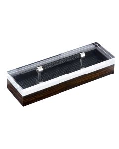 Diana Macassar Ebony Handwoven Long Rectangular Box with Acrylic Lid, Woven Leather Handle and Chrome Details