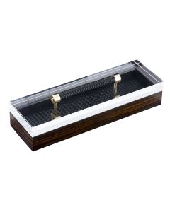 Diana Macassar Ebony Handwoven Long Rectangular Box with Acrylic Lid, Woven Leather Handle and Gold Details