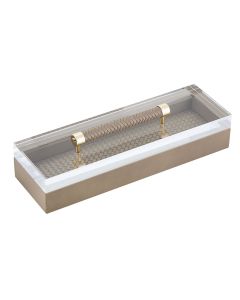 Diana Handwoven Long Rectangular Box with Acrylic Lid, Woven Leather Handle and Gold Details