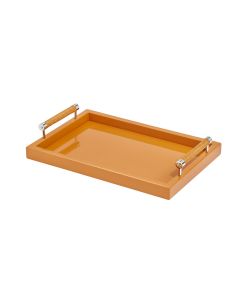Diana Small Rectangular Lacquer Tray with Handwoven Leather Handles and Chrome Details