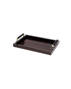 Diana Small Macassar Ebony Rectangular Ttray with Handwoven Leather Handles and Gold Details