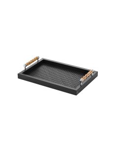 Frida Handwoven Leather Small Rectangular Tray with Bamboo Handles and  Chrome Details
