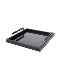 Lea Lacquer Square Tray with Leather Covered Bamboo Handles and Chrome Details