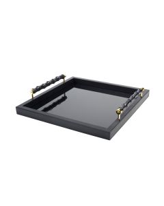 Lea Lacquer Square Tray with Leather Covered Bamboo Handles and Gold Details
