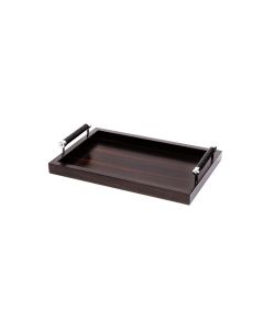 Diana Small Macassar Ebony Rectangular Ttray with Handwoven Leather Handles and Chrome Details