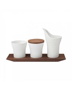 Pulse Sugar, Creamer and Jam Jar on Wood Tray