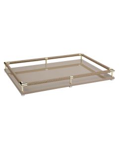 Thea Lacquer Rectangular Tray with Braided Leather Railing and Gold Details