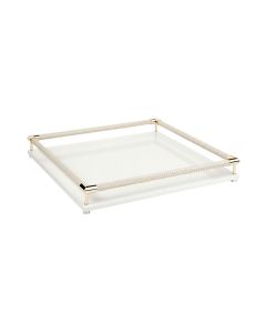 Thea Lacquer Square Tray with Braided Leather Railing and Gold Details